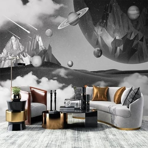 GZGZG Wohnzimmer Seidentuch Wandbild 3D Tapete Schwarz und Weiß Planeten Sterne Schlafzimmer Home Decor Kunst Aufkleber Wandmalerei