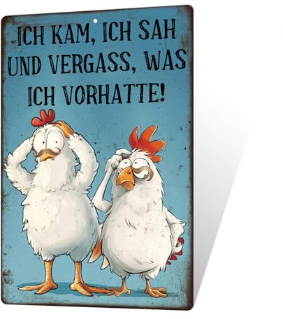 Putuo Decor Lustiges Metallschild Huhn – Ich kam, ich sah und vergaß – Humorvolle Retro Wanddeko mit Spruch – Geschenk für Freunde & Kollegen