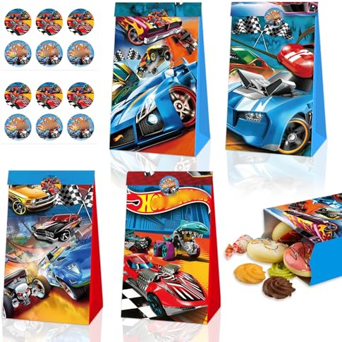 Autos Geschenktüten Hot- 12Pcs Wheels Papiertüten 12 Aufkleber Sticker Kinder Rennauto Party Geschenktüte Mitgebsel Kindergeburtstag Candy Bar Süßigkeiten Tüten Geschenken Giveaways Party Bag Supplies