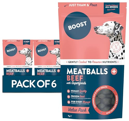 BOOST Pet Beef Meatballs Dog Food and Treat - Frozen Fresh Wet Dog Food, Grain Free, Made with 80% Beef, Complete Nutritional Meal for Pets, Nothing Artificial - 6 x 1kg