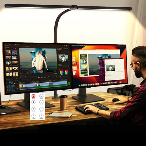 MACASA LED Desk Lamp with Clamp, Dual Head Monitor Light, Remote | 24W Dimmable Eye-Caring Task Lamp with Timer, Anti-Glare Cover and Gooseneck for Home Office Dorm Workbench and Study