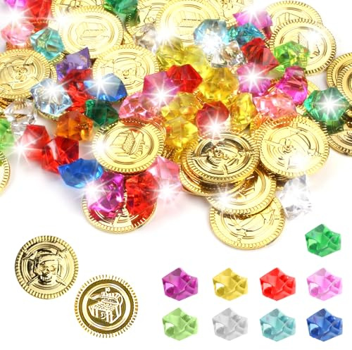 100 Stück Piratenschatz Goldmünzen Set mit 50 Goldmünzen und 50 Piraten Edelsteine, Piratenschatz Geburtstag Perfekt für Piraten Deko Geburtstags, Schatzkiste Geburtstags