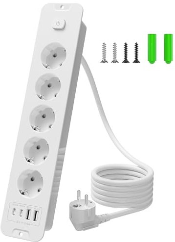 Inhwatek Multiprise Encastrable Plan de Travail, 5 Prises avec Interrupteur et USB (PD 20W), Multiprise 2m, Prise de Table pour Cuisine et Bureau, Parafoudre et Surtension, Blanc