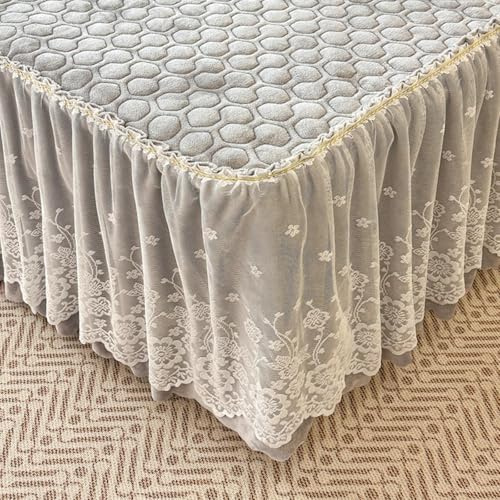 Odot Cache Sommier Flanelle, Jupe de Lit a Volant Cache-Sommiers Matelassée Doux Microfibre Bordure en Dentelle Drap Housse Élastique avec Jupe Drap Housse Lavable (Gris Clair,180x200cm)