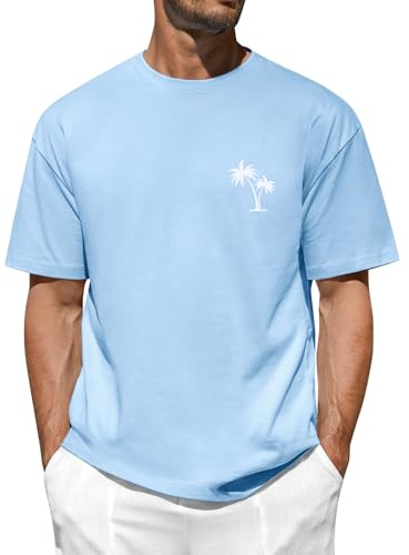Voqeen Herren Oversized T-Shirt Sommer Baumwolle T Shirt Rundhals Kurzarm Shirts Casual Atmungsaktiv Top mit Vintage Palm Gemustert