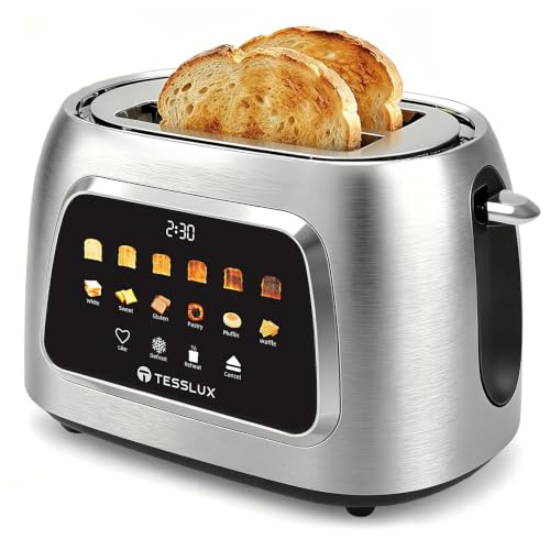 Tesslux 2 Slice Toaster, Touchscreen, Stainless Steel, 800W, Silver | Extra-Wide Slot, 6 Bread Modes & 6 Browning Levels, Defrost, Reheat, Memory, LED Countdown Timer, Crumb Tray