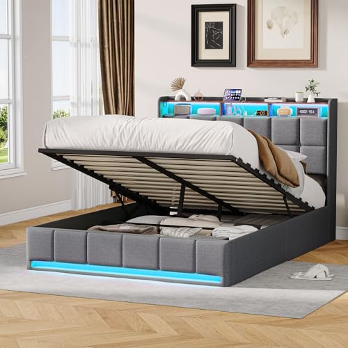 BPKADHY Polsterbett 160x200 mit LED & USB-C Ladestation, hydraulisches Stauraumbett mit Leinen-Kopfteil, Jugendbett Doppelbett für Schlafzimmer, Bettgestell mit Lattenrost, Ohne Matratze (Grau)