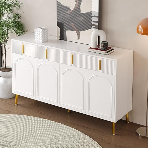 Muskel Skandinavisch Sideboard mit Stauraum, 140cm kommoden mit Goldenen Beinen, mit Türen & Schubladen, Modernes Design Buffetschrank für Wohnzimmer Esszimmer Flur (Weiß, 140cm)
