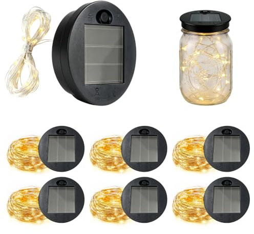 6 Stück 3m 30led Solarglas Solarleuchten, Solar Ersatzdeckel 7cm mit Lichterkette Für Flaschen, Solar Mason Jar Light Deckel für Glas Mason Jar Hängen Laterne Licht Garten Terrasse Hinterhof Hochzeit