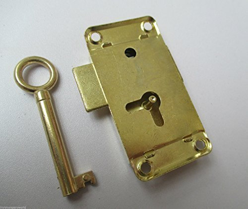 IRONMONGERY WORLD® Vintage Retro Old Style Brass Wardrobe Lock -Cupboard Drawer Cabinet Door Catch (63mm/2.5 Large Lock + Key)
