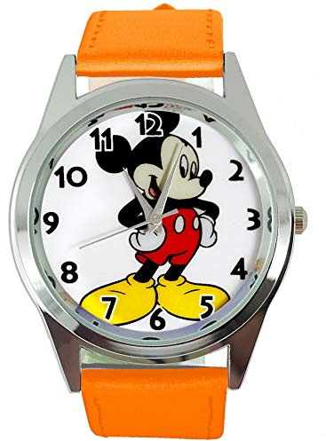 TAPORT® Armbanduhr Analog Quarz mit Echtlederband orange rund für Fan von Micky Maus