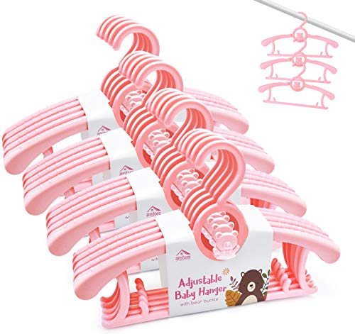 Anstore 20 Stück Mitwachsende Kinderkleiderbügel Platzsparend mit Stapelbaren Bärchen-Haken rutschfeste Kleiderbügel für Babys und Kleinkinder, Rosa