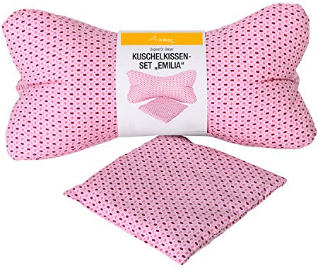 Dr. Berger Kinderkissen Nackenrolle Kinder Kissen Leseknochen 30 cm - Kleinkindkissen Set Emilia Nackenkissen mit Wärmekissen 100% Baumwolle - ergonomisches Buchkissen Lesekissen, Tabletkissen rosa