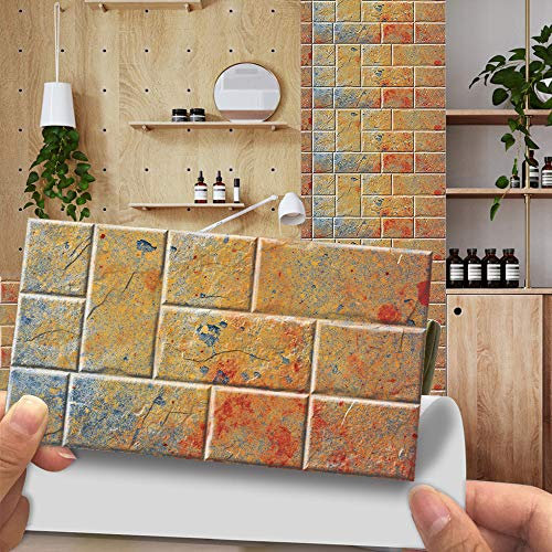 Hiseng 12 Pièces Adhésive Décorative à Carreaux pour Salle de Bains et Cuisine Stickers Carrelage, Style de Carreaux de Mur 3D Imperméables Auto-adhésifs Décoration (Orange)