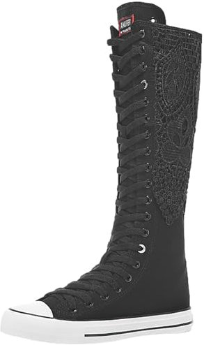 Jamron Donna Moda Tela Stivali da Ballo al Ginocchio Stivali in Bicicletta Ragazze Fantasia Scarpe da Scuola Nero Pizzo SN913AB EU37