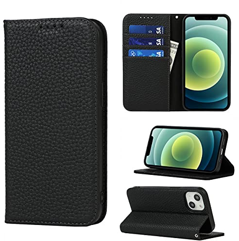 Copmob Phone Case iPhone 13,Flip Genuine Leather Wallet Case,[4 Slots][Magnetic closure][With Lanyard],Protective Cover Case for iPhone 13 - Black