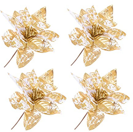 TOYANDONA 4 Stück Weihnachtsblume Weihnachtsglitter Weihnachtsstern Blumen Künstliches Blumendekor Weihnachtskranz Roségoldene Blumen Weihnachten 16c Zubehör Weihnachtsbaum Stoff