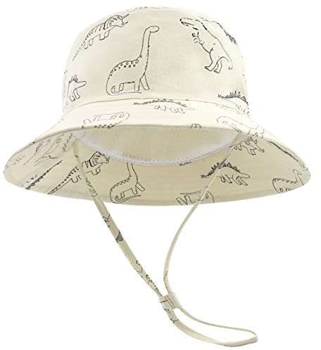 SEYUFN Bob Sonnenhut Baby-Fischerhut mit breiter Krempe Sonnenhut mädchen Verstellbarer Baumwollhut UV-Schutz Sommerhut für Kinder(Beige Dinosaurier,1-2 Jahre)