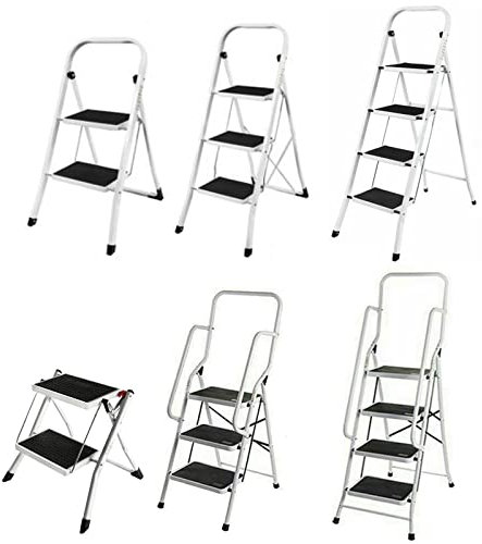 Scaletta Pieghevole 3 Gradini con Corrimano, Scala Acciaio Padel Largo e Piedini Antiscivolo, Leggera e Portatile, Capacità 150 kg per Cucina di Casa