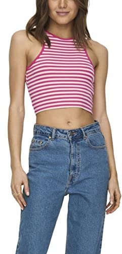 ONLY Onlbelia S/L Crop Top Box Jrs, Fucsia púrpura/Stripes:Cloud Dancer (Ola), Mujer