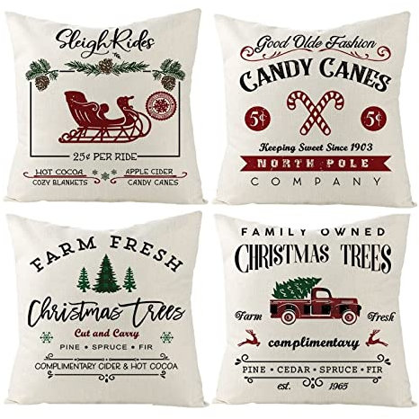 Dsnyu 4er Set Kissenhülle Xmas, Weihnachtswörter Gedruckt Kissenbezüge aus Leinen, Beige Rot Kissenhülle Xmas für Sofa Gartenbett 40x40cm
