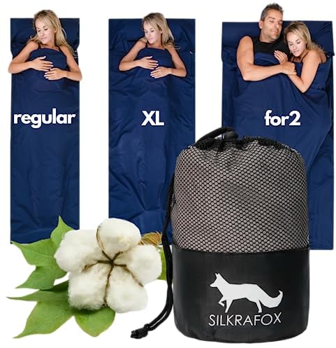 Silkrafox Cotton XL extra großer Hüttenschlafsack Baumwolle mit Reißverschluss und Kissen Fach Leichter Sommer Schlafsack Inlett Inlay Reise Innenschlafsack klein dünn Ultra leicht mit Tasche grau