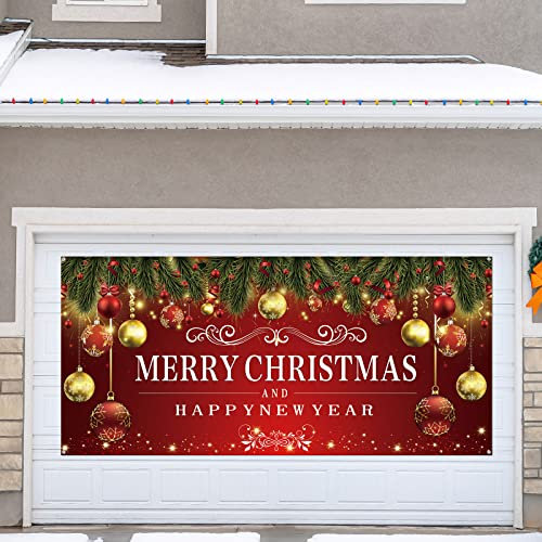 Newwiee Decoración de puerta de garaje de Navidad, pancarta de 6 x 13 pies, decoración de Navidad para puerta de garaje, Feliz Navidad, Feliz Año Nuevo 2025, telón de fondo grande de garaje para
