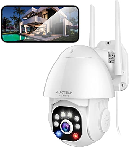 AUKTECH Überwachungskamera Aussen - 2K FHD 1296P WLAN Kamera Überwachung Outdoor, Nachtsichtfarbe, Bewegungsmelder mit Alarm, Zwei-Wege-Audio, PTZ 355°/90°, IP66 Wasserdicht