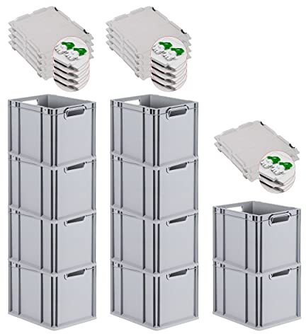 PROREGAL SuperSparSet 10x Eurobox NextGen Grip mit Scharnierdeckel und grünen Schiebeschnappverschlüssen, HxBxT 32x30x40cm, 30 L, Grau, Griffe offen, Eurobehälter, Transportbox