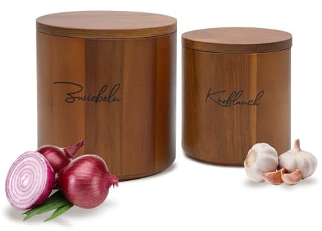 Homewood Almacenamiento de Cebollas & Ajos Set de 2 – Contenedores apilables de madera de acacia para verduras – Macetas para cebollas & ajos para la cocina - Grabado en Alemán