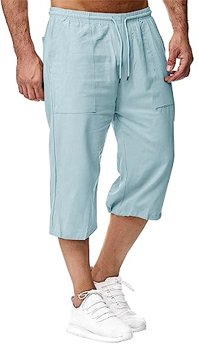 Sprifloral Mens Linen Shorts 3/4 Length Pants Summer Trousers Beach Yoga Joggers Casual Sweatpants Light Blue 5XL