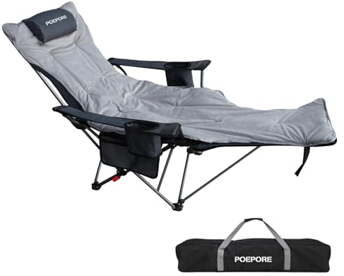 POEPORE Chaise de Camping Pliante Inclinable Pliable avec Repose-Pieds Réglable dans 4 Directions et Coussin en Coton Amovible pour Jardin Extérieur Pêche Gris