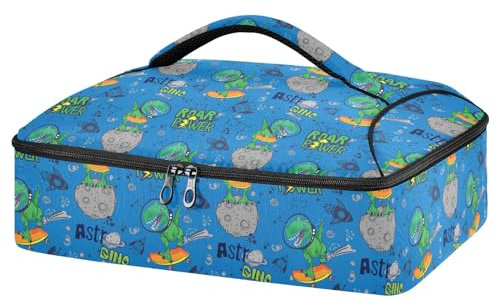 Dinosaurs in Space Casserole Carrier for Hot or Cold Food, Insulated Casserole Dish Carrier Bag with Lid, Food Carrier for Travel Party Picnic Tote Bag