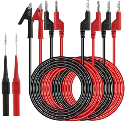 smtfcty Set di 6 cavi di misurazione con morsetti a coccodrillo, 4 mm, isolati a banana, cavo di misurazione, 1 m, per multimetro digitale, test elettrici, rosso e nero