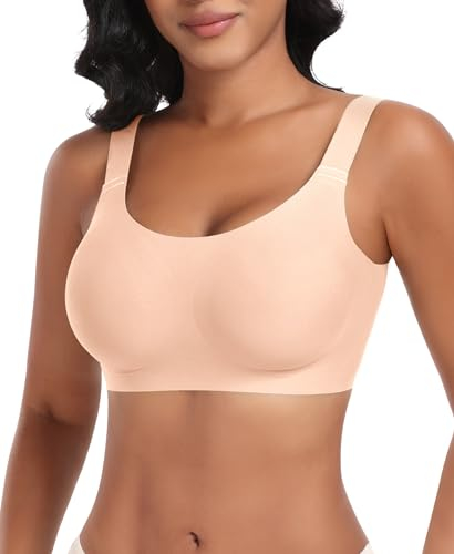 Ganado Damen BH Tiefem V-Ausschnitt Nahtloser BH Soft Bequem BH Bügellos Bustier (Beige-Nahtlos, 2XL)
