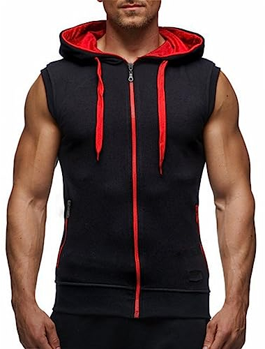 Ophestin Men's Sleeveless Hoodies Zip Up Sweatshirt Fashion Drawstring Contrast Color Hooded Tank Top with Pockets Red M