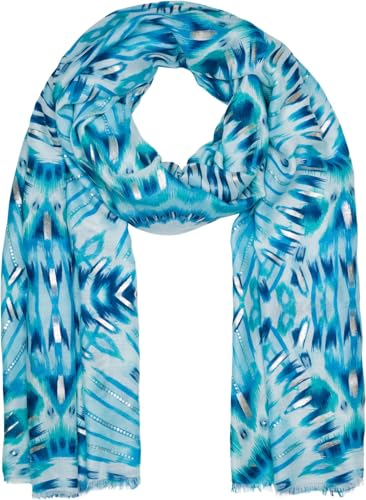 styleBREAKER Damen Schal Batik Shibori Muster mit Metallic Streifen, Leichtes Ethno Tuch mit kurzen Fransen 01016228, Farbe:Türkis-Blau