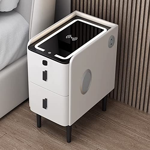 Smart Bedside End Table with Storage Drawer and LED Light - Small Narrow Nightstand with Drawer - White Modern Nightstand with USB Charging Port