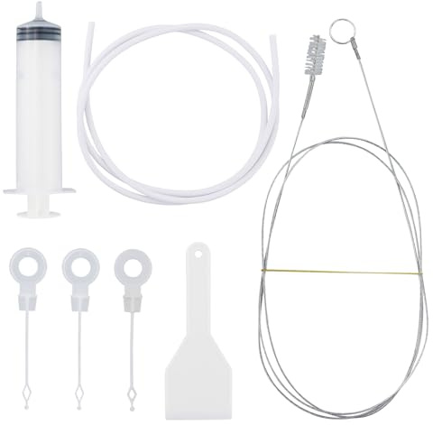 8 Kit de limpieza para frigorífico, kit de limpieza de tubos, cepillo de 1,5 m + jeringa de succión de líquidos de 100 ml + tubo PVC 1,5 m + espátula antihielo + 4 inserciones para orificio de desagüe