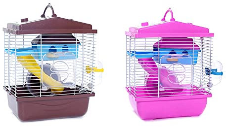 Lot de 2 cages pour hamster avec fenêtre de toit transparente double couche pour hamster doré, café et rose