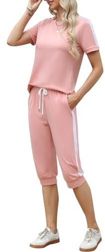 Aottori Jogginganzug Damen Set Rundhals Kurze Ärmel Trainingsanzug Zweiteiler Elegant Hausanzug Freizeitanzug Sportanzug 2 Teiler Sommer Outfits Rosa XXL