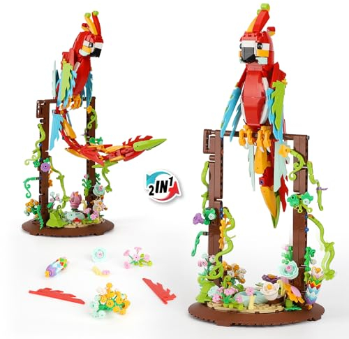 2 in 1 Blume Papagei Bausteine Set 360° drehbar,Kompatibel mit Lego Tiere,Kreative exotische Tiere Bausteine,deko Geschenk für Erwachsene und Mädchen ab 8-16+(Rot,630 PCS)