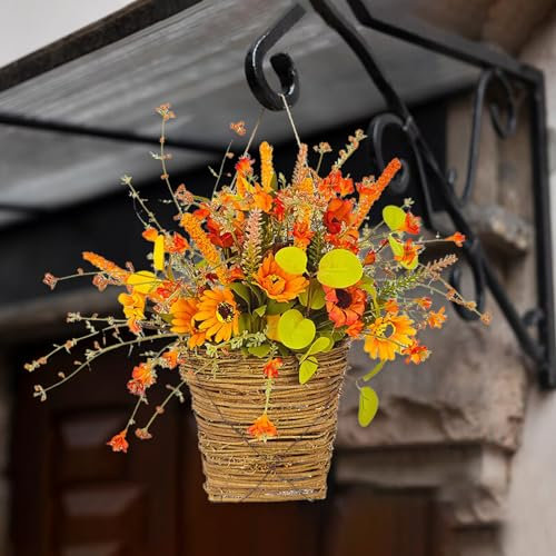 Marooma Artificial Hanging Flower Basket, Autumn Outdoor Porch Decoration, Door Baskets for Flowers Front Door,Home Patio Balcony Decor,Fake Flowers Faux Hanging Plants,Bad Weather Resistant