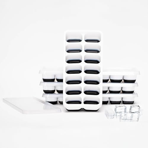 URBANFORTE 4pcs Ice Cube Trays, Easy-Release Silicone, Flexible, 14-Ice Cube Trays with Spill-Resistant Removable Lid, Stackable Save Freezer Space, BPA Free