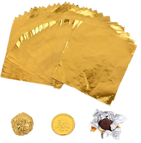 Aeaocvo 100 Stück Goldfolie Papier Wrapper, 10 x 10 cm Quadratisch Goldene Aluminiumfolie Bonbonpapier, Schokolade Süßigkeiten Alufolie Verpackung für DIY Dekoration und Aufbewahren