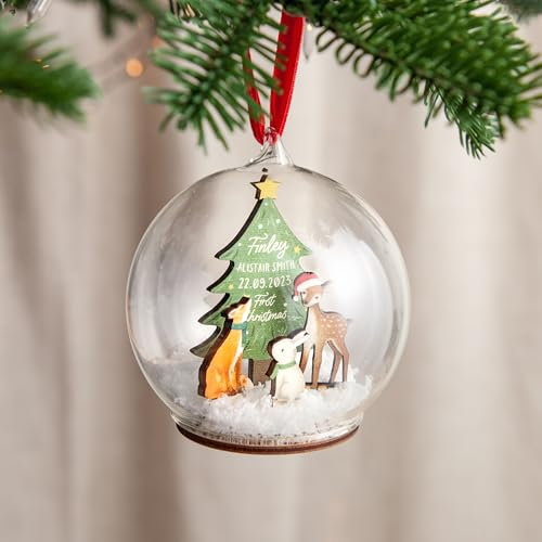Woodland Animals and Christmas Tree Baby Details Bauble | Personalised Christmas Tree Decoration for New Baby First Christmas