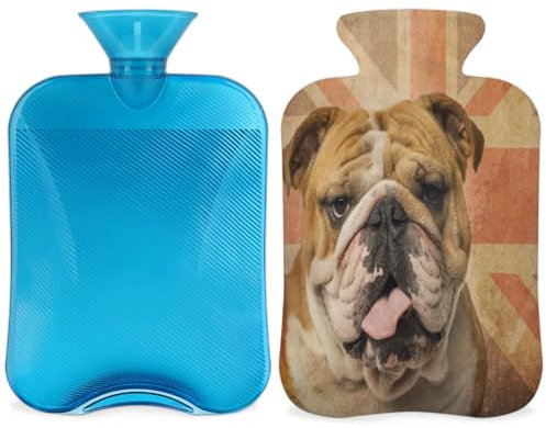 English Bulldog Dog Vintage British Flag Hot Water Bottle with Cover, 2L Hot Water Bag for Pain Relief, Neck and Shoulder, Hand Feet Warmer