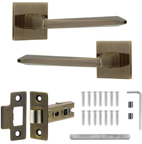 Decoranddecor Antique Brass Door Handles for Internal Wooden Interior Doors - Aluminium Handle Sets With Tubular Mortice Latch | Leda Range