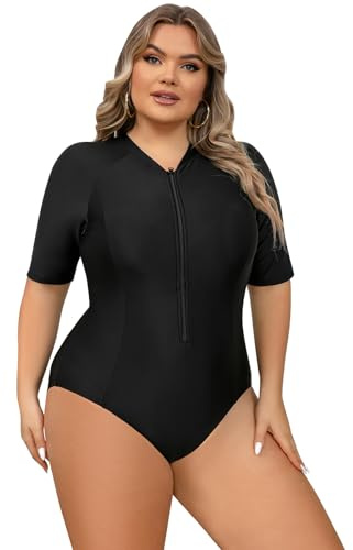 EFOGEP Plus Size Swimwear for Women: Ladies Swimming Costume Long Sleeve Zip Up Rash Guard High Stretchy Boyleg One Piece Swimsuit Surfing Modest Bathing Suit with Chest Pads Black XXL