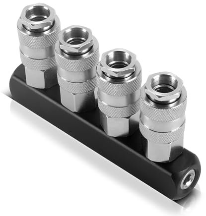 STAHLWERK 2 x 4-fach Druckluft-Verteiler | 4-Wege-Verteiler-Anschluss | Druckluft-Adapter | Pneumatik-Verteiler bis 35 bar mit Schnellkupplung NW 7.2 und 1/4 Zoll Gewinde für Druckluft-Kompressoren
